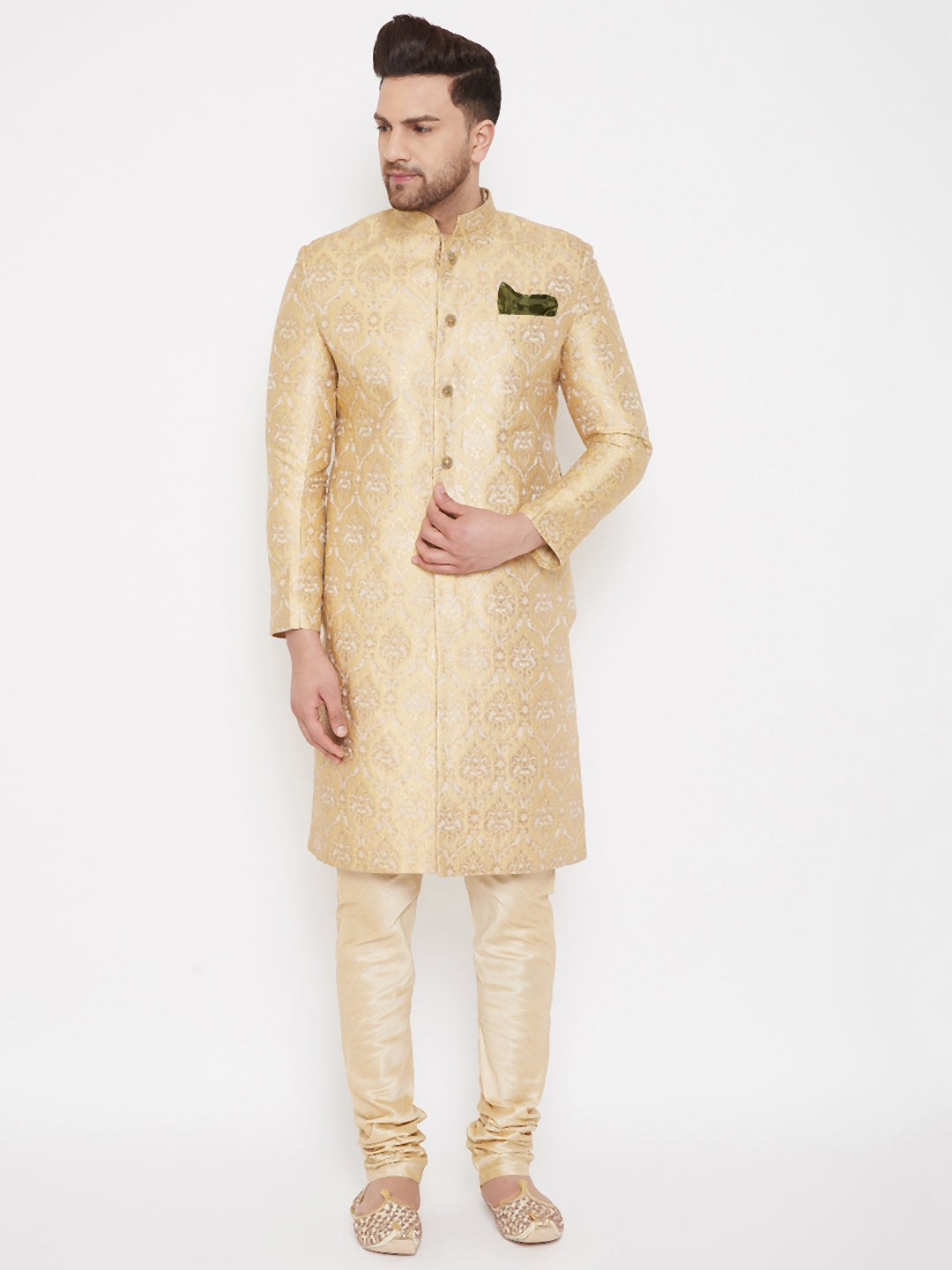SHERWANI (Size M - 38) Men Designer Silk Golden (Set of 2) for party / celebration / wedding / Indian traditional wear