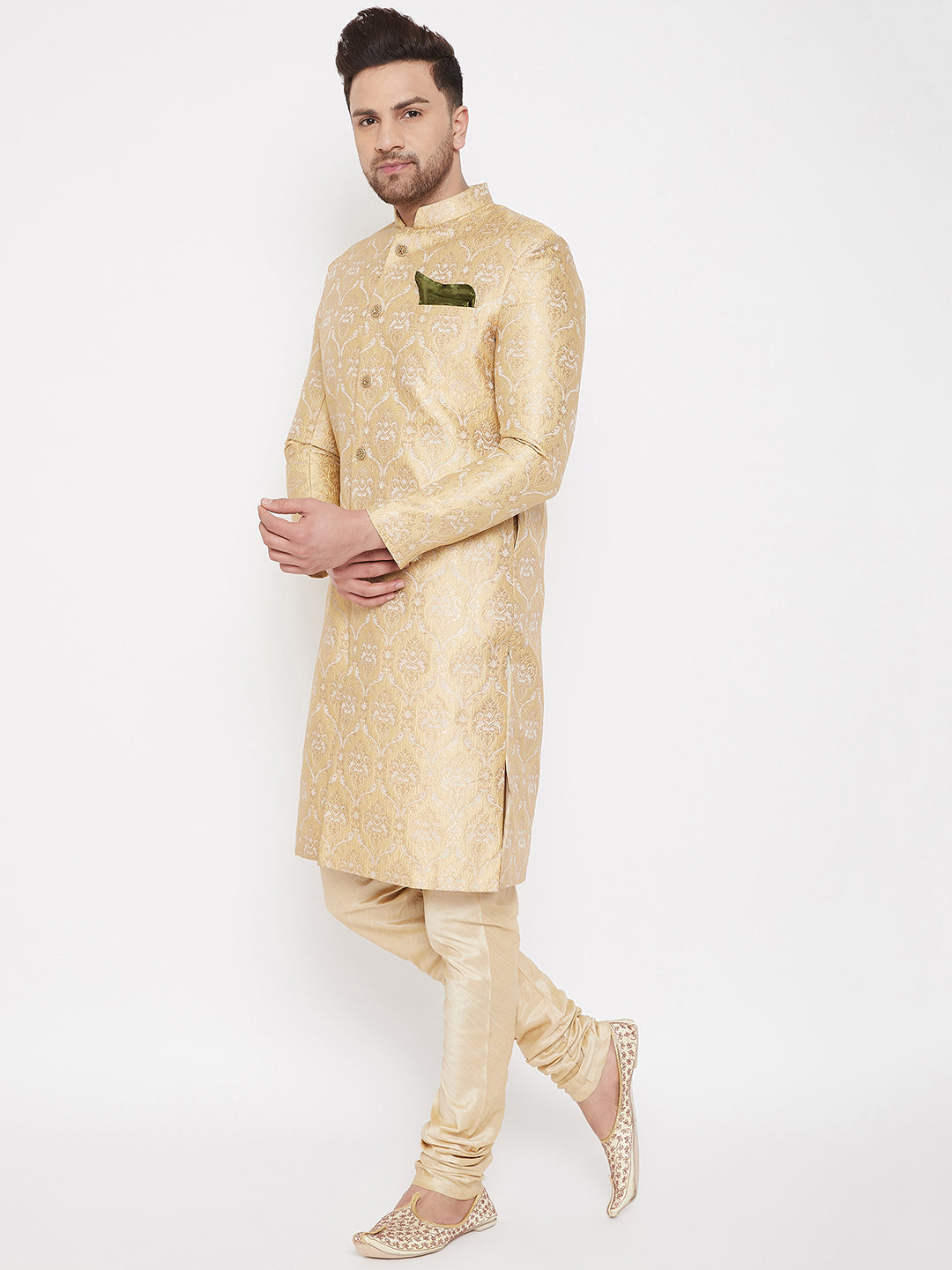 SHERWANI (Size M - 38) Men Designer Silk Golden (Set of 2) for party / celebration / wedding / Indian traditional wear