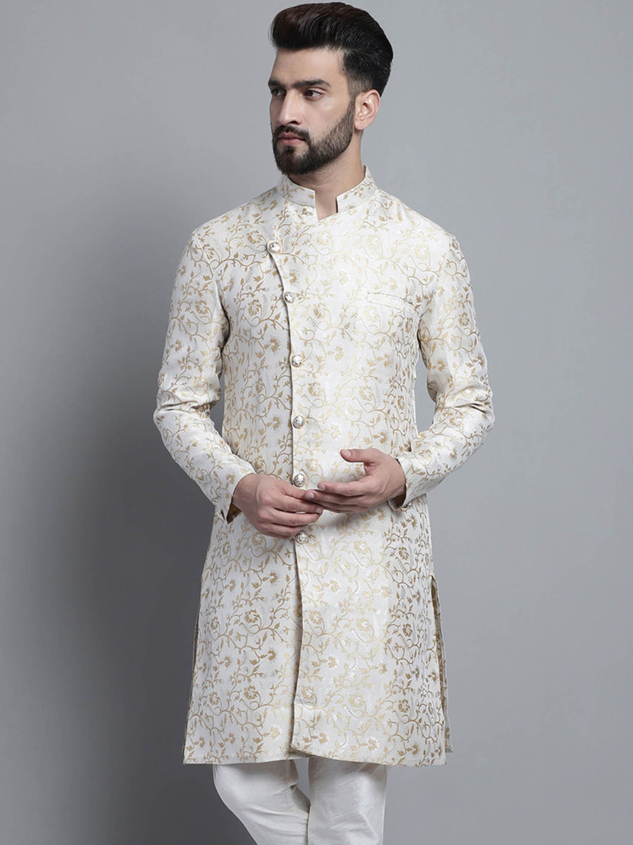 SHERWANI (Size M - 38) Men Designer White Golden (Set of 2) for party / celebration / wedding / Indian traditional wear