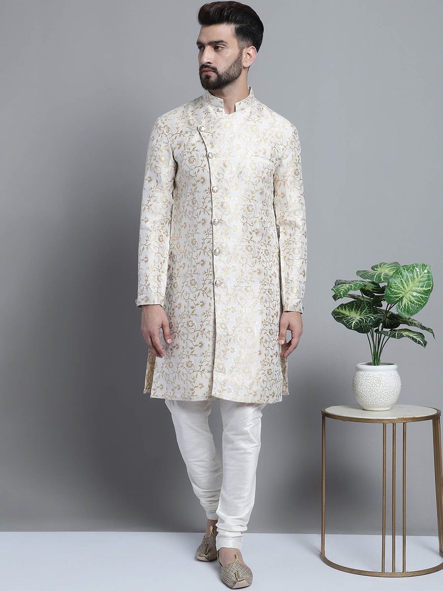 SHERWANI (Size M - 38) Men Designer White Golden (Set of 2) for party / celebration / wedding / Indian traditional wear