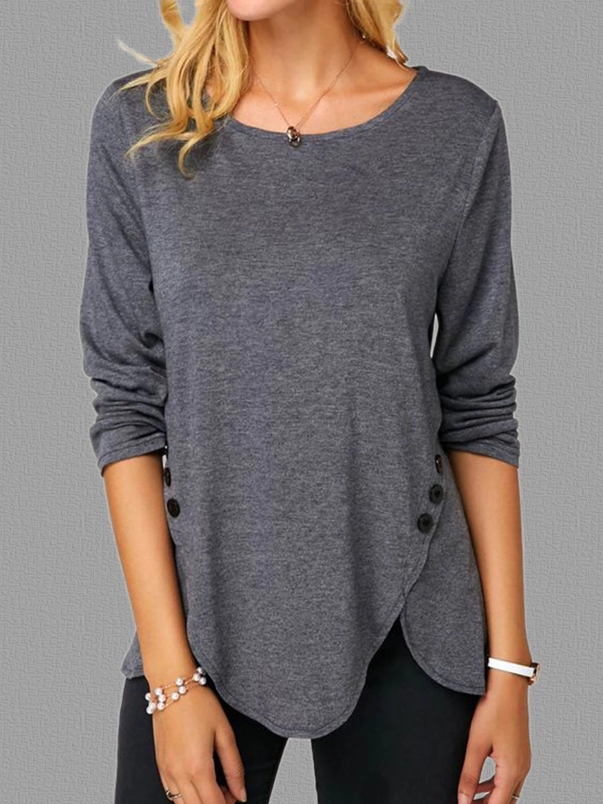 Spring And Summer Hot Style Irregular Button Hem Long Sleeve Round Neck T-shirt