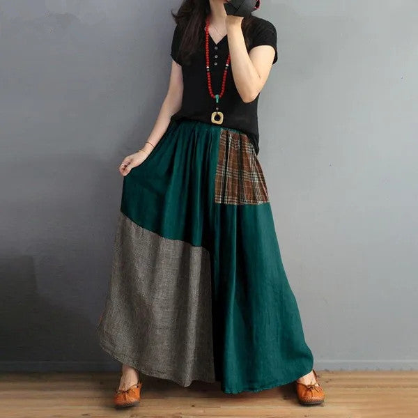 Retro Artistic Style Loose Elastic Waist Color Matching Cotton And Linen Skirt Slimming A- Line Skirt