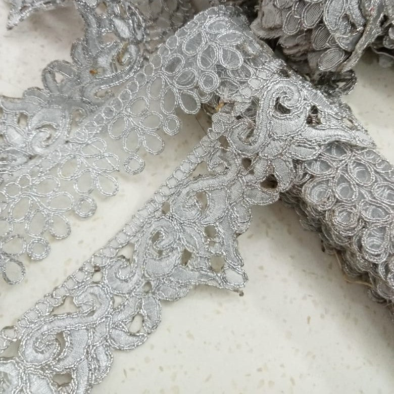 Border Lace (9 Meter) Silver Color with Embroidery and Cut Work